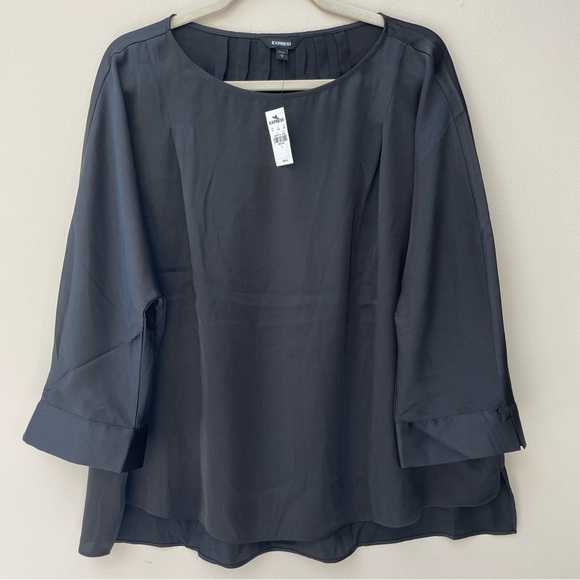 Express Tops - NWT Express Silky Black 3/4 Sleeve Pleat Detail Blouse Top Size Large